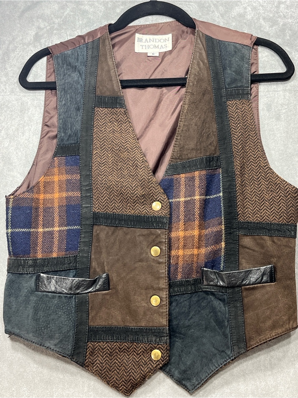 Vintage Brandon Thomas Suede Leather Wool Patchwork Plaid Vest M